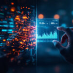 En hånd interagerer med en virtuel skærm, der viser en digital graf og datapunkter, omgivet af lysende blå og orange datastrømme i et futuristisk, højteknologisk miljø. - Kunstig intelligens AI