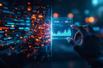En hånd interagerer med en virtuel skærm, der viser en digital graf og datapunkter, omgivet af lysende blå og orange datastrømme i et futuristisk, højteknologisk miljø. - Kunstig intelligens AI