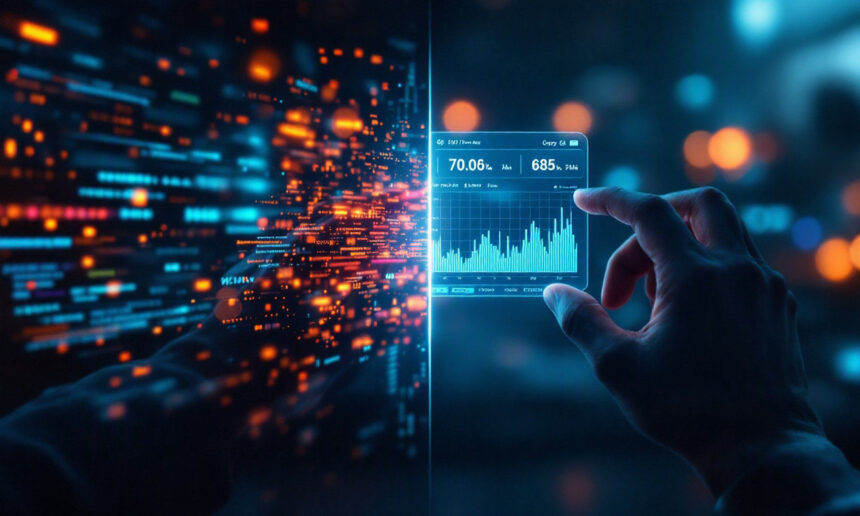 En hånd interagerer med en virtuel skærm, der viser en digital graf og datapunkter, omgivet af lysende blå og orange datastrømme i et futuristisk, højteknologisk miljø. - Kunstig intelligens AI