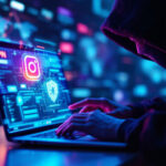 En person i en sweatshirt med hætte skriver på en bærbar computer med digitale ikoner, herunder Instagram, VPN og sikkerhedssymboler, hvilket tyder på cybersikkerhed eller hacking i et mørkt, teknologifyldt miljø. - Kunstig intelligens AI