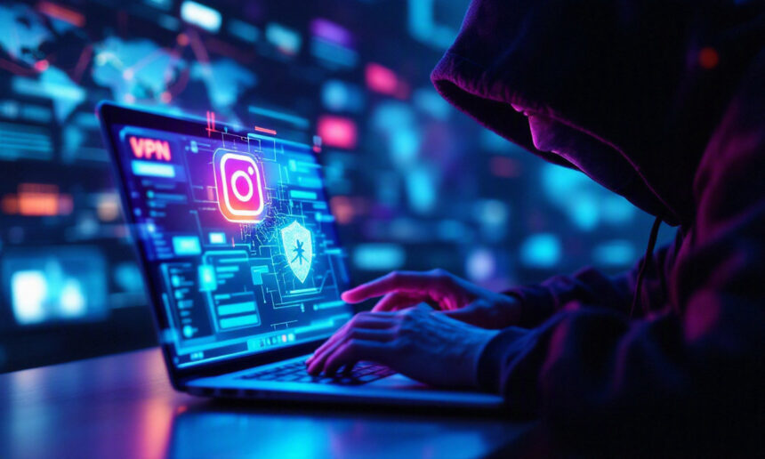 En person i en sweatshirt med hætte skriver på en bærbar computer med digitale ikoner, herunder Instagram, VPN og sikkerhedssymboler, hvilket tyder på cybersikkerhed eller hacking i et mørkt, teknologifyldt miljø. - Kunstig intelligens AI