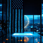 Et moderne konferencelokale om aftenen med et lysende digitalt bord, store vinduer med udsigt til byens skyline og et stiliseret amerikansk flag. Blå neonlys og en futuristisk digital skærm skaber en højteknologisk atmosfære. - Kunstig intelligens AI