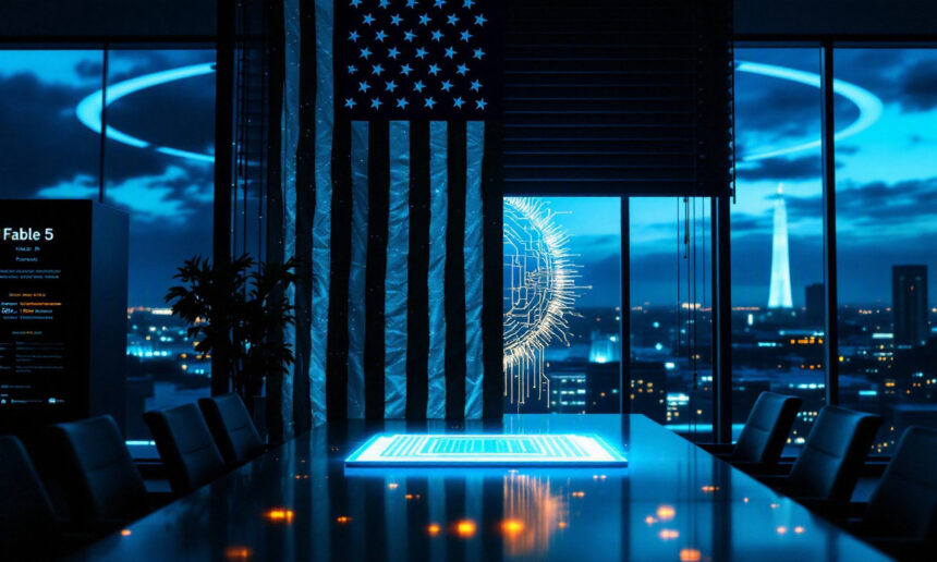 Et moderne konferencelokale om aftenen med et lysende digitalt bord, store vinduer med udsigt til byens skyline og et stiliseret amerikansk flag. Blå neonlys og en futuristisk digital skærm skaber en højteknologisk atmosfære. - Kunstig intelligens AI