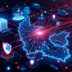 En digital illustration af Nordamerika med lysende netværkslinjer, der forbinder forskellige ikoner, herunder vindmøller, en bygning, et sundhedsskjold og fabrikker, som symboliserer integration af teknologi og infrastruktur. - Kunstig intelligens AI