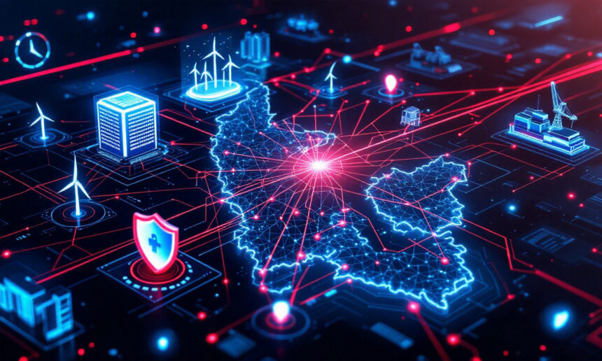 En digital illustration af Nordamerika med lysende netværkslinjer, der forbinder forskellige ikoner, herunder vindmøller, en bygning, et sundhedsskjold og fabrikker, som symboliserer integration af teknologi og infrastruktur. - Kunstig intelligens AI