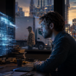 En mand sidder ved et skrivebord, intenst fokuseret på en stor computerskærm fyldt med lysende koder og kunstig intelligens, mens et urbant bybillede med fodgængere og bygninger kan ses gennem vinduet i skumringen. - Kunstig intelligens AI