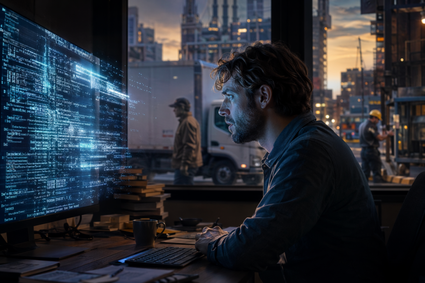 En mand sidder ved et skrivebord, intenst fokuseret på en stor computerskærm fyldt med lysende koder og kunstig intelligens, mens et urbant bybillede med fodgængere og bygninger kan ses gennem vinduet i skumringen. - Kunstig intelligens AI