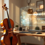 En cello står ved siden af et skrivebord med et computertastatur i et solbeskinnet rum. Svævende holografiske musiknoter og lydbølgegrafik vises over skrivebordet og blander musik og teknologi i et hyggeligt arbejdsområde. - Kunstig intelligens AI