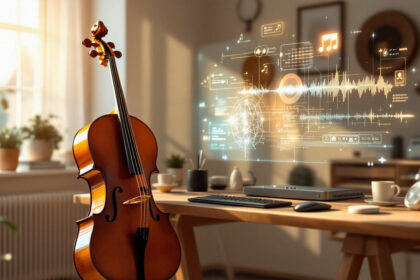 En cello står ved siden af et skrivebord med et computertastatur i et solbeskinnet rum. Svævende holografiske musiknoter og lydbølgegrafik vises over skrivebordet og blander musik og teknologi i et hyggeligt arbejdsområde. - Kunstig intelligens AI