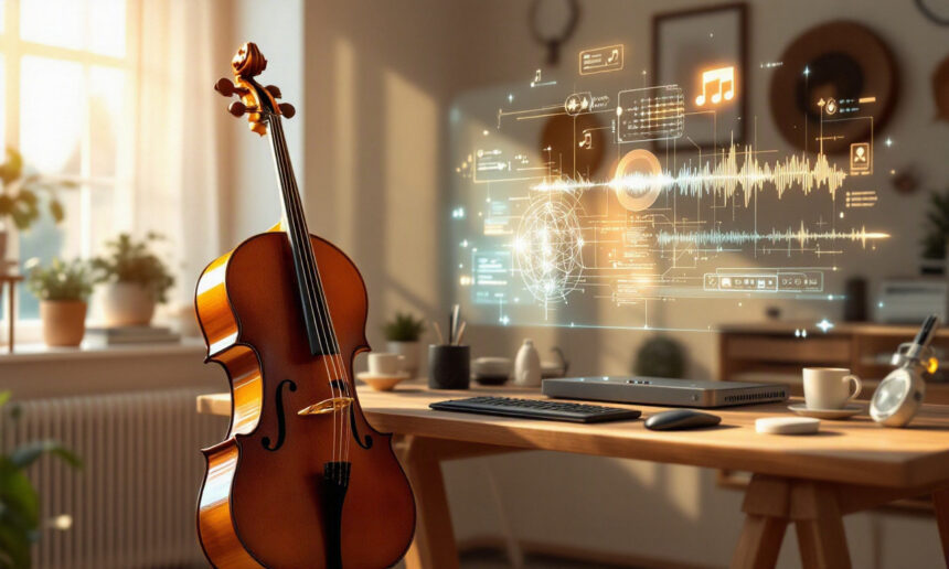 En cello står ved siden af et skrivebord med et computertastatur i et solbeskinnet rum. Svævende holografiske musiknoter og lydbølgegrafik vises over skrivebordet og blander musik og teknologi i et hyggeligt arbejdsområde. - Kunstig intelligens AI