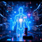 En lysende digital menneskefigur står i et højteknologisk serverrum, omgivet af robotarme. I forgrunden ses en dommers hammer, der symboliserer teknologi, lovgivning og kunstig intelligens. - Kunstig intelligens AI