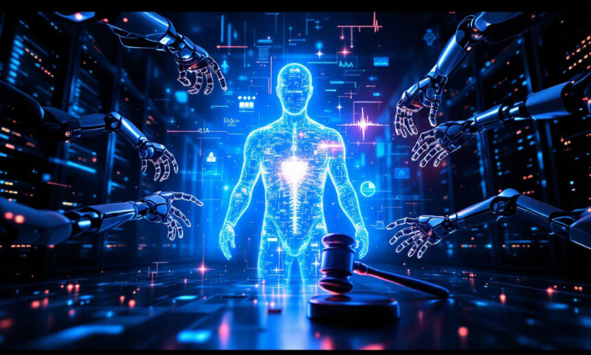 En lysende digital menneskefigur står i et højteknologisk serverrum, omgivet af robotarme. I forgrunden ses en dommers hammer, der symboliserer teknologi, lovgivning og kunstig intelligens. - Kunstig intelligens AI