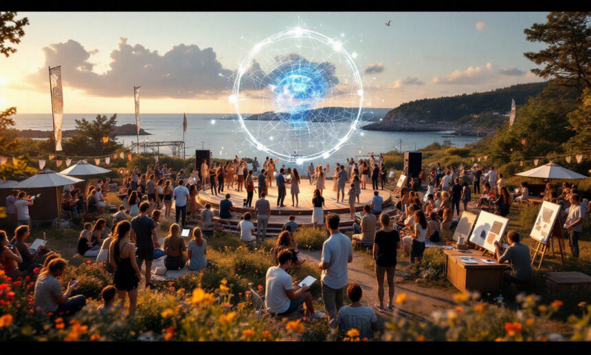 En stor gruppe mennesker er samlet udendørs ved havet, omgivet af blomster og grønne omgivelser, hvor de ved solnedgang betragter en lysende digital kugle med blå lys, der svæver over en cirkulær platform. Nogle af dem tegner eller bruger elektroniske enheder. - Kunstig intelligens AI