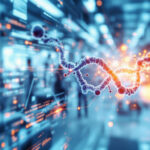 En digital illustration af en lysende DNA-dobbelthelix med molekylære strukturer på en sløret baggrund af mennesker i et moderne laboratorie- eller teknologimiljø. - Kunstig intelligens AI