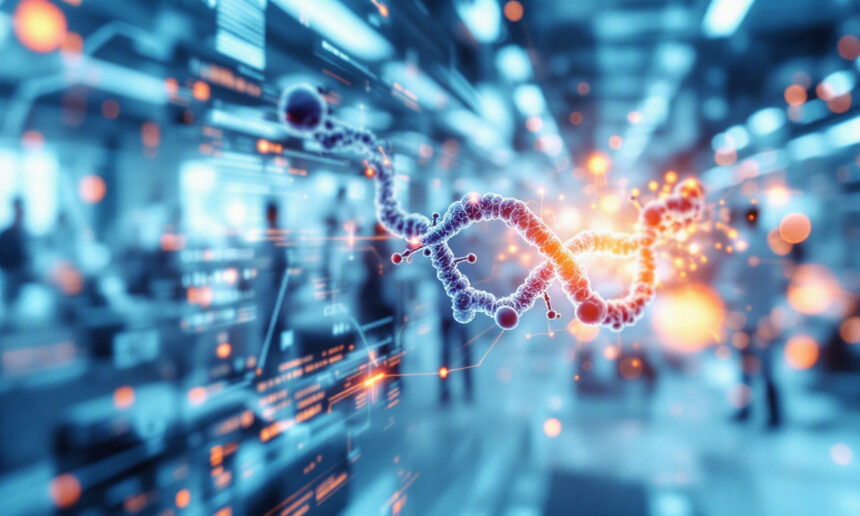 En digital illustration af en lysende DNA-dobbelthelix med molekylære strukturer på en sløret baggrund af mennesker i et moderne laboratorie- eller teknologimiljø. - Kunstig intelligens AI