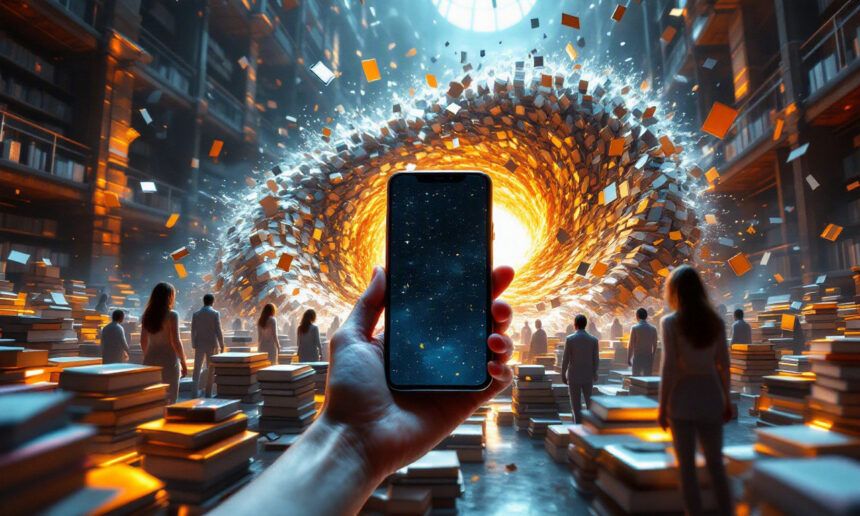 En hånd holder en smartphone, der viser en stjernehimmel, mens folk i et bibliotek i baggrunden ser bøger hvirvle ind i en lysende lyshvirvel. Stakke af bøger omgiver scenen og blander virkelighed og fantasi. - Kunstig intelligens AI