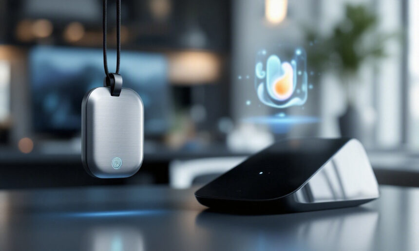 En slank, metallisk bærbar enhed på en sort snor sidder ved siden af en moderne sort dock med et lysende digitalt sundhedsikon svævende i nærheden i et blødt oplyst, moderne rum. - Kunstig intelligens AI