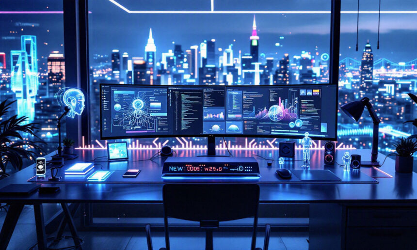 Et futuristisk arbejdsområde med flere buede skærme, der viser diagrammer og koder, har udsigt til en pulserende byskyline om natten. Neonblå belysning og forskelligt teknisk udstyr skaber en højteknologisk, moderne atmosfære. - Kunstig intelligens AI