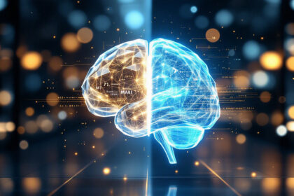 En lysende digital illustration af en menneskehjerne, delt i to, med geometriske linjer og lyse knudepunkter på en futuristisk, mørk baggrund med svævende lyspartikler og dataelementer. - Kunstig intelligens AI