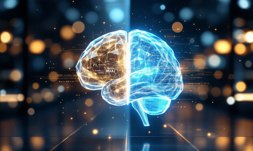 En lysende digital illustration af en menneskehjerne, delt i to, med geometriske linjer og lyse knudepunkter på en futuristisk, mørk baggrund med svævende lyspartikler og dataelementer. - Kunstig intelligens AI