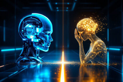 Et glødende blåt robothoved står over for en skinnende gylden menneskefigur med hænder, der dækker ansigtet, begge placeret i et futuristisk, mørkt, digitalt miljø, der er delt af en skarp lyslinje. - Kunstig intelligens AI