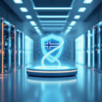 Et lysende skjold med et digitalt islandsk flag svæver over en platform i et futuristisk serverrum og symboliserer cybersikkerhed og databeskyttelse. Blå lys og serverstativer står på række langs korridoren. - Kunstig intelligens AI