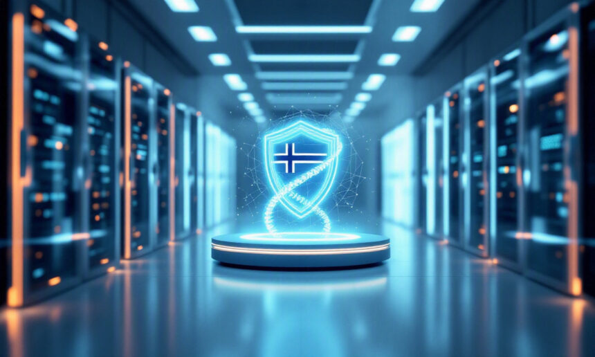 Et lysende skjold med et digitalt islandsk flag svæver over en platform i et futuristisk serverrum og symboliserer cybersikkerhed og databeskyttelse. Blå lys og serverstativer står på række langs korridoren. - Kunstig intelligens AI
