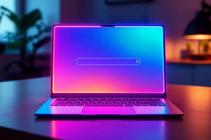 En bærbar computer på et skrivebord viser en lysende søgefelt på en levende, farverig skærm med farveovergange. Baggrunden er blødt oplyst, og planter samt en lampe skaber en hyggelig stemning. - Kunstig intelligens AI