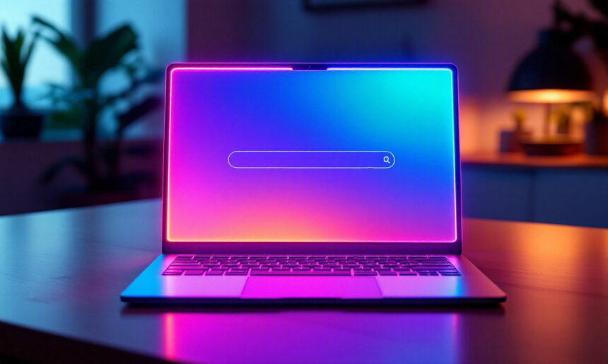 En bærbar computer på et skrivebord viser en lysende søgefelt på en levende, farverig skærm med farveovergange. Baggrunden er blødt oplyst, og planter samt en lampe skaber en hyggelig stemning. - Kunstig intelligens AI