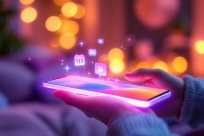 En person holder en glødende smartphone med farverige holografiske ikoner, der svæver over skærmen, på en sløret baggrund af varmt lys. - Kunstig intelligens AI