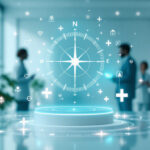 En futuristisk kompasgrafik med medicinske symboler svæver over en cirkulær platform i et moderne sundhedsmiljø, med slørede billeder af sundhedspersonale og grønne omgivelser i baggrunden. - Kunstig intelligens AI