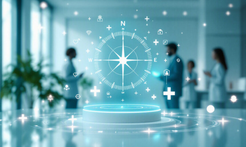 En futuristisk kompasgrafik med medicinske symboler svæver over en cirkulær platform i et moderne sundhedsmiljø, med slørede billeder af sundhedspersonale og grønne omgivelser i baggrunden. - Kunstig intelligens AI