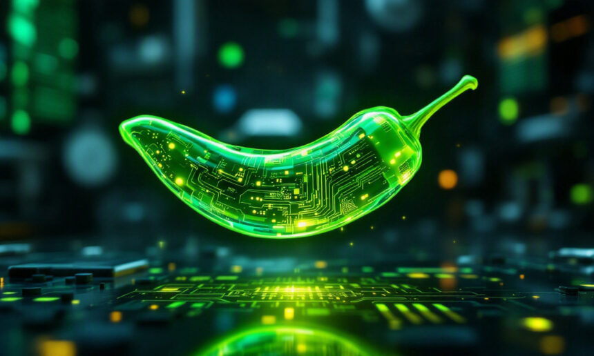 En lysende grøn chilipeber med et mønster af digitale kredsløb svæver over en futuristisk baggrund med teknologitema. - Kunstig intelligens AI