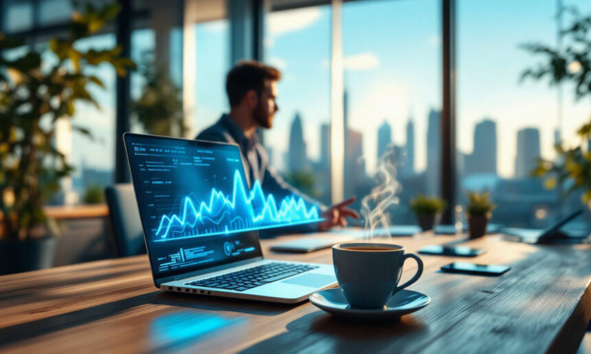 En bærbar computer med finansielle grafer ligger på et skrivebord med en kop kaffe, mens en mand i forretningstøj arbejder på et moderne kontor med store vinduer med udsigt over byens skyline ved solnedgang. - Kunstig intelligens AI
