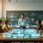 En mand står for enden af et konferencebord og præsenterer en gruppe mennesker med digitale data og futuristiske grafer projiceret i luften og på bordet i et lyst, moderne mødelokale med en kridttavle bag ham. - Kunstig intelligens AI