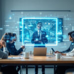 En gruppe mennesker sidder ved et konferencebord og ser på en oplægsholder med en stor gennemsigtig digital skærm, der viser globale data, kort og diagrammer i et moderne kontormiljø. - Kunstig intelligens AI