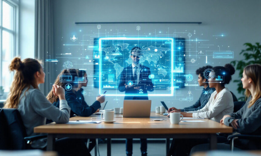 En gruppe mennesker sidder ved et konferencebord og ser på en oplægsholder med en stor gennemsigtig digital skærm, der viser globale data, kort og diagrammer i et moderne kontormiljø. - Kunstig intelligens AI