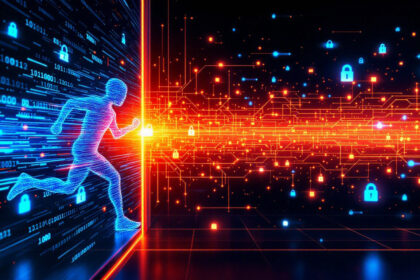 En digital figur af en person løber gennem en lysende barriere lavet af binær kode og elektroniske kredsløb med hængelåsikoner, der repræsenterer cybersikkerhed på en mørk, futuristisk baggrund. - Kunstig intelligens AI