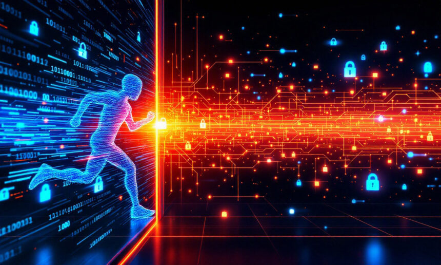 En digital figur af en person løber gennem en lysende barriere lavet af binær kode og elektroniske kredsløb med hængelåsikoner, der repræsenterer cybersikkerhed på en mørk, futuristisk baggrund. - Kunstig intelligens AI