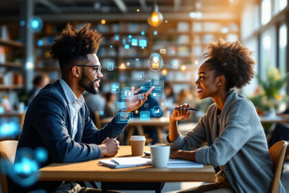 To personer sidder ved et cafébord, smiler og diskuterer digitale datavisualiseringer, der vises på skærmene foran dem, mens der står bærbare computere og kaffekopper på bordet. I baggrunden ses en moderne, travl café med bogreoler. - Kunstig intelligens AI