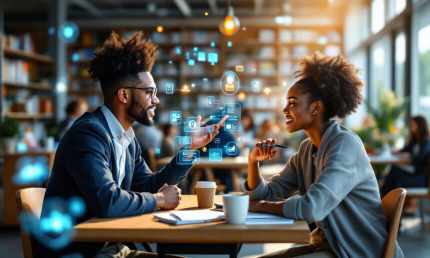 To personer sidder ved et cafébord, smiler og diskuterer digitale datavisualiseringer, der vises på skærmene foran dem, mens der står bærbare computere og kaffekopper på bordet. I baggrunden ses en moderne, travl café med bogreoler. - Kunstig intelligens AI