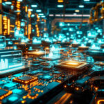 En futuristisk printplade med lysende blå og orange datapaneler, der viser diagrammer og grafer og repræsenterer avanceret digital teknologi og databehandling i et højteknologisk miljø. - Kunstig intelligens AI