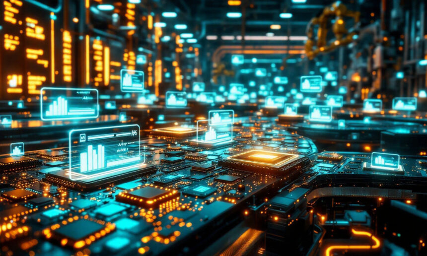 En futuristisk printplade med lysende blå og orange datapaneler, der viser diagrammer og grafer og repræsenterer avanceret digital teknologi og databehandling i et højteknologisk miljø. - Kunstig intelligens AI