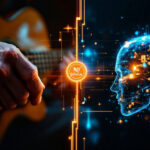Et delt billede, der til venstre viser en person, der spiller på en akustisk guitar, og til højre en digital, lysende kontur af et menneskehoved med noder og kredsløb, hvilket symboliserer sammensmeltningen af musik og kunstig intelligens. - Kunstig intelligens AI
