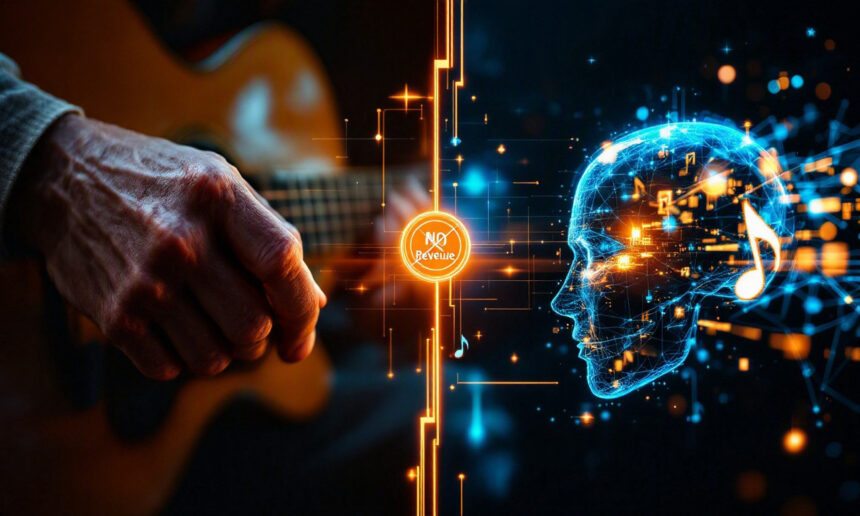 Et delt billede, der til venstre viser en person, der spiller på en akustisk guitar, og til højre en digital, lysende kontur af et menneskehoved med noder og kredsløb, hvilket symboliserer sammensmeltningen af musik og kunstig intelligens. - Kunstig intelligens AI