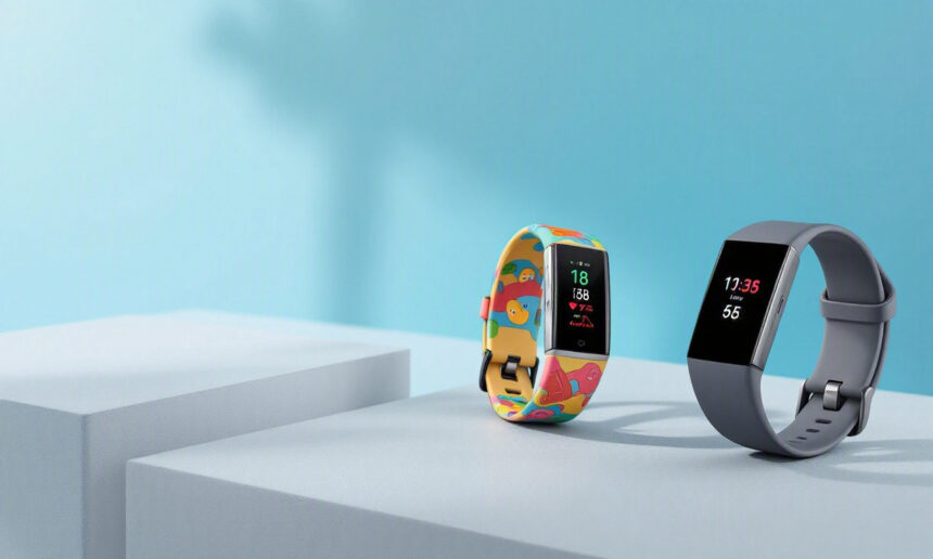 To smartwatches på udstillingsstande: det ene med et farverigt, legende bånd og det andet med et slankt gråt bånd, der begge viser tid og fitnessdata på deres skærme mod en lyseblå baggrund. - Kunstig intelligens AI