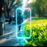 Et glødende omrids af en smartphone adskiller et fortov med mennesker fra en grøn græspark og symboliserer en blanding af digitale og naturlige verdener på en solrig dag. - Kunstig intelligens AI