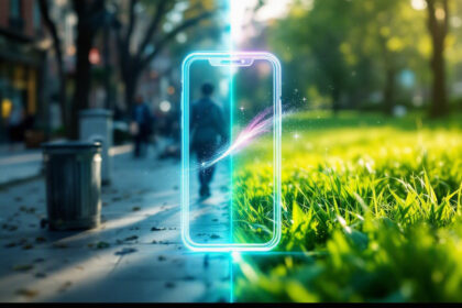 Et glødende omrids af en smartphone adskiller et fortov med mennesker fra en grøn græspark og symboliserer en blanding af digitale og naturlige verdener på en solrig dag. - Kunstig intelligens AI
