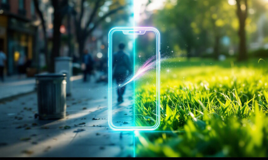 Et glødende omrids af en smartphone adskiller et fortov med mennesker fra en grøn græspark og symboliserer en blanding af digitale og naturlige verdener på en solrig dag. - Kunstig intelligens AI