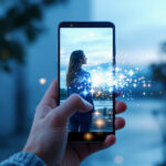 En hånd holder en smartphone, hvor der vises et billede af en kvinde, der står udenfor. Glitrende blå digitale effekter ser ud til at strømme ud af telefonen og blander den virtuelle og den virkelige verden på en kreativ og magisk måde. - Kunstig intelligens AI